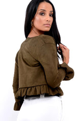 Khaki Suedette Frill Hems Jacket - Elsa-Jackets