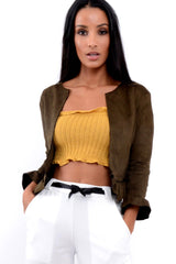 Khaki Suedette Frill Hems Jacket - Elsa-Jackets