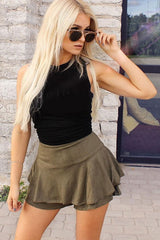 Khaki Suedette Frill High Waisted Shorts - Claudelle-Shorts