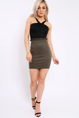 Khaki Suedette Ruffle Hem Mini Skirt - Abagail-Skirts