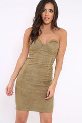 Khaki Suedette Strapless Bodycon Dress - Salma-Dresses
