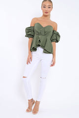 Khaki Sweet Heart Bardot Top with Ruched Sleeves - Kinza-Tops