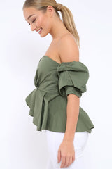 Khaki Sweet Heart Bardot Top with Ruched Sleeves - Kinza-Tops