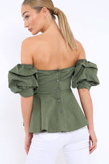 Khaki Sweet Heart Bardot Top with Ruched Sleeves - Kinza-Tops