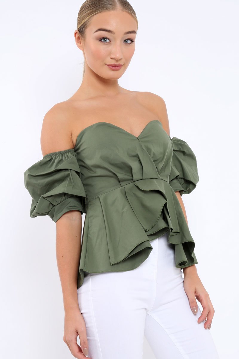 Khaki Sweet Heart Bardot Top with Ruched Sleeves - Kinza-Tops