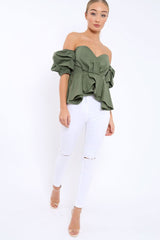 Khaki Sweet Heart Bardot Top with Ruched Sleeves - Kinza-Tops