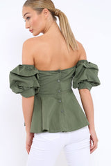 Khaki Sweet Heart Bardot Top with Ruched Sleeves - Kinza-Tops