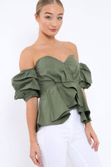 Khaki Sweet Heart Bardot Top with Ruched Sleeves - Kinza-Tops