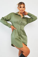 Khaki Tailored Waist Long Sleeve Shirt Dress - Laritza-Dresses