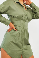Khaki Tailored Waist Long Sleeve Shirt Dress - Laritza-Dresses