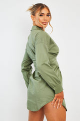 Khaki Tailored Waist Long Sleeve Shirt Dress - Laritza-Dresses