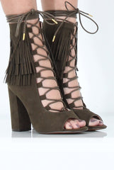 Khaki Tassel Lace Up Heels - Zoe-Heels