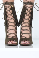 Khaki Tassel Lace Up Heels - Zoe-Heels