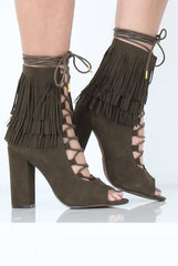 Khaki Tassel Lace Up Heels - Zoe-Heels