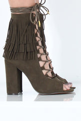 Khaki Tassel Lace Up Heels - Zoe-Heels