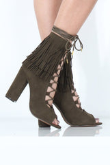 Khaki Tassel Lace Up Heels - Zoe-Heels