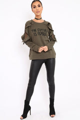 Khaki The Future Is Female Fishnet Frill Jumper - Jaeonna-Jumper