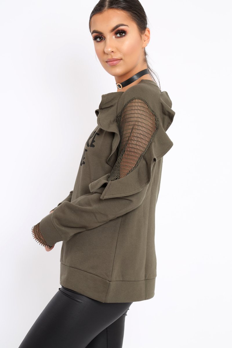Khaki The Future Is Female Fishnet Frill Jumper - Jaeonna-Jumper