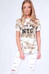 Khaki Tie Dye Cold Shoulder Slogan Top - Zeyna-Tops