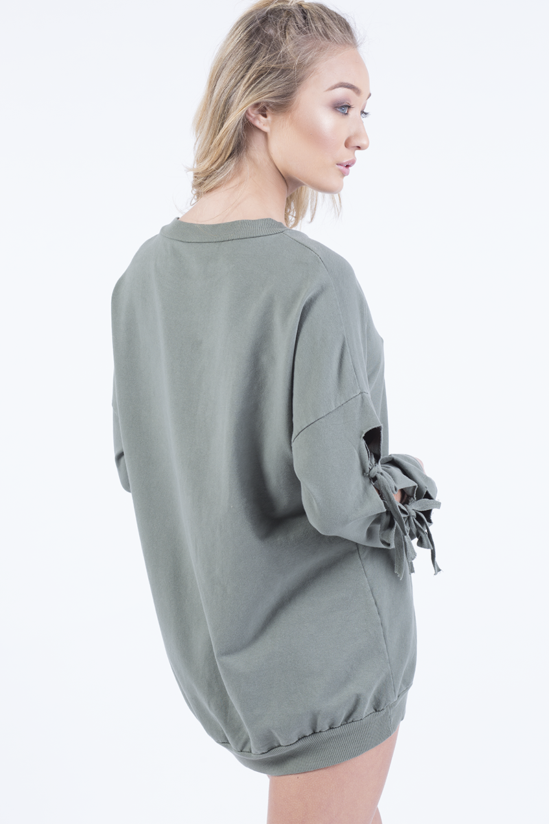 Khaki Tie Sleeve Detail Jumper Dress - Gina-Jumper