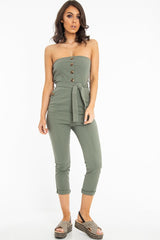 Khaki Tie Waist Sleeveless Jumpsuit - Tamya-Jumpsuits