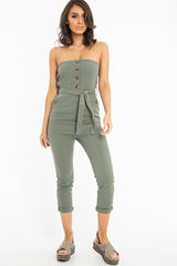 Khaki Tie Waist Sleeveless Jumpsuit - Tamya-Jumpsuits
