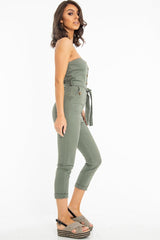 Khaki Tie Waist Sleeveless Jumpsuit - Tamya-Jumpsuits