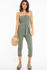 Khaki Tie Waist Sleeveless Jumpsuit - Tamya-Jumpsuits