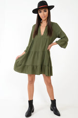 Khaki Tiered Ruffle Shift Dress - Abri-Dresses