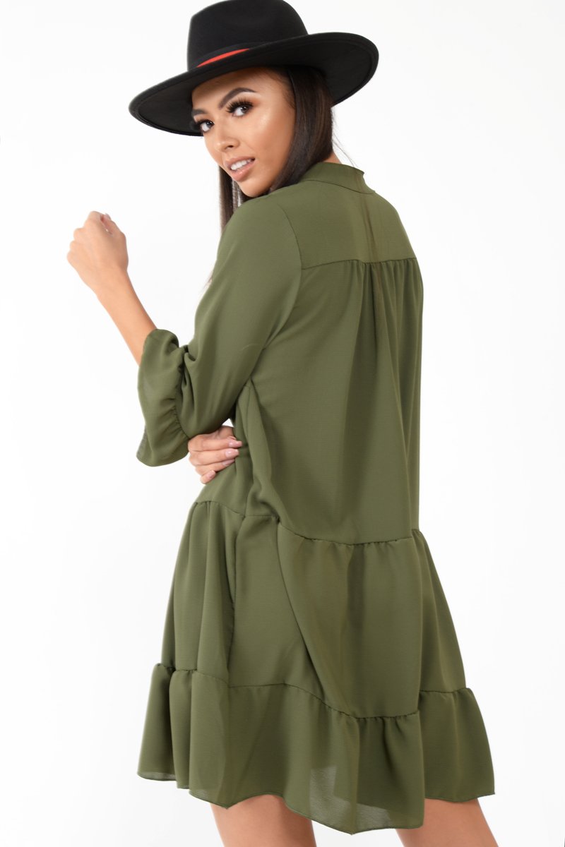 Khaki Tiered Ruffle Shift Dress - Abri-Dresses