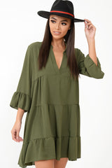 Khaki Tiered Ruffle Shift Dress - Abri-Dresses