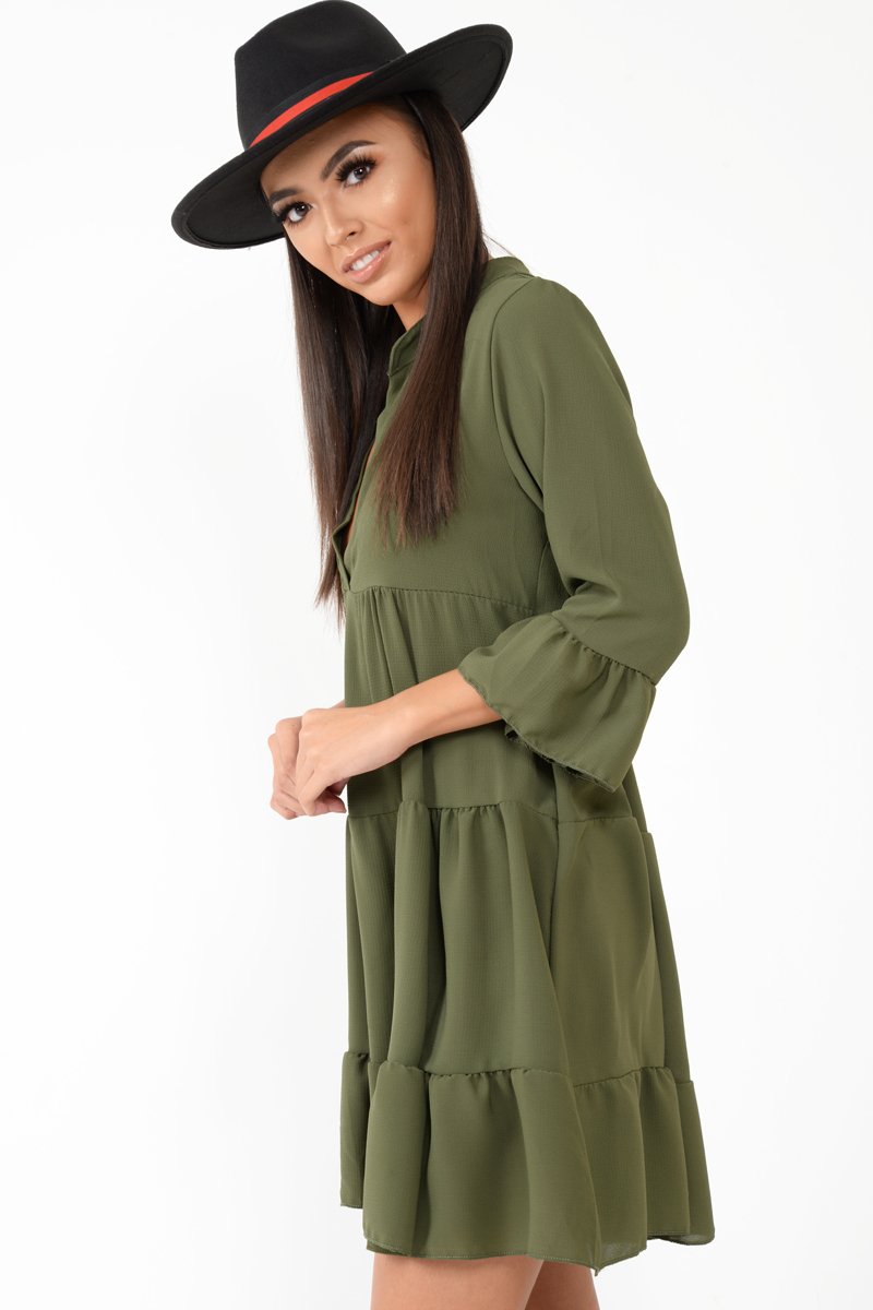 Khaki Tiered Ruffle Shift Dress - Abri-Dresses