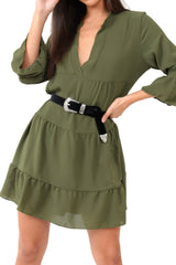 Khaki Tiered Ruffle Shift Dress - Abri-Dresses