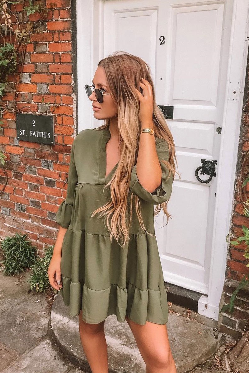 Khaki Tiered Ruffle Shift Dress - Abri-Dresses