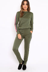 Khaki Tracksuit with Sports Trim - Livvy-Loungewear