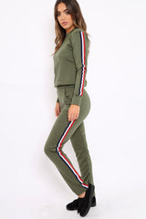 Khaki Tracksuit with Sports Trim - Livvy-Loungewear