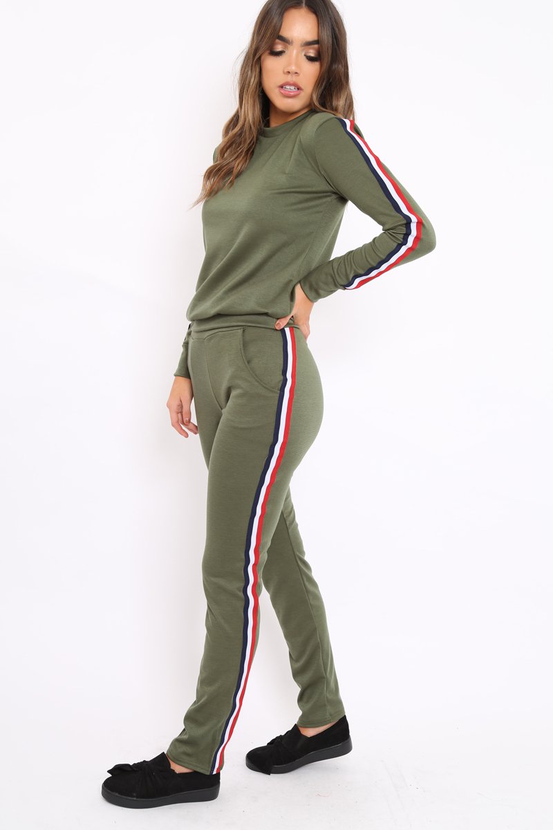 Khaki Tracksuit with Sports Trim - Livvy-Loungewear