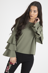 Khaki Triple Frill Sleeve Top - Clara-Tops