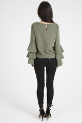 Khaki Triple Frill Sleeve Top - Clara-Tops