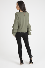 Khaki Triple Frill Sleeve Top - Clara-Tops