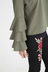 Khaki Triple Frill Sleeve Top - Clara-Tops