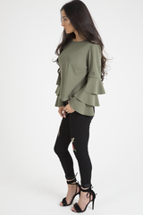 Khaki Triple Frill Sleeve Top - Clara-Tops