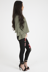 Khaki Triple Frill Sleeve Top - Clara-Tops