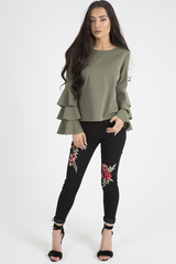 Khaki Triple Frill Sleeve Top - Clara-Tops