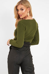 Khaki Twist Front Knit Jumper - Pollyanna-Jumper