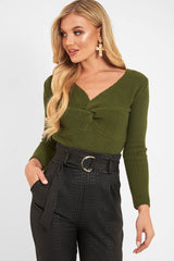 Khaki Twist Front Knit Jumper - Pollyanna-Jumper