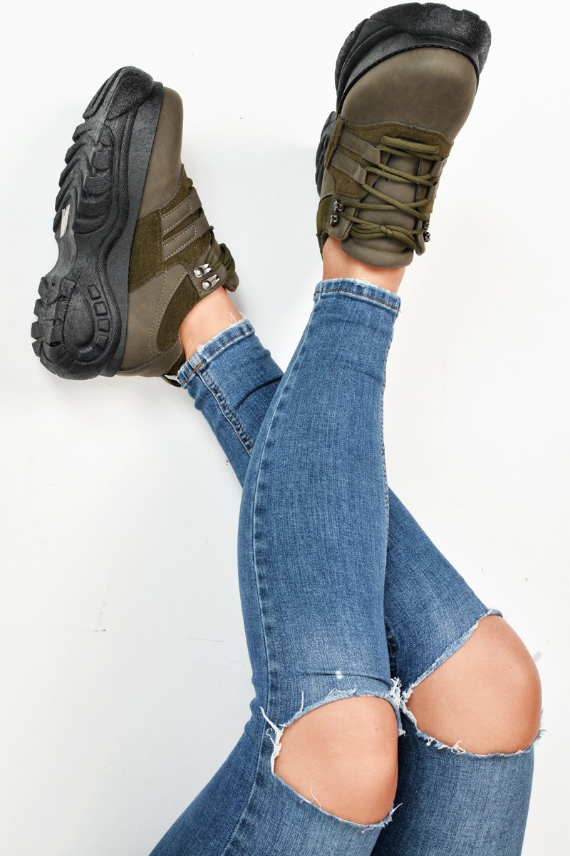 Khaki Two Tone Extreme Sole Chunky Trainers - Miara-Trainers