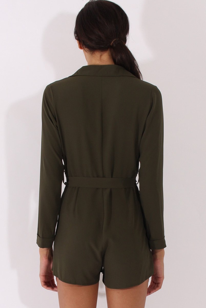 Khaki Utility Belted Playsuit - Charlee-Playsuits