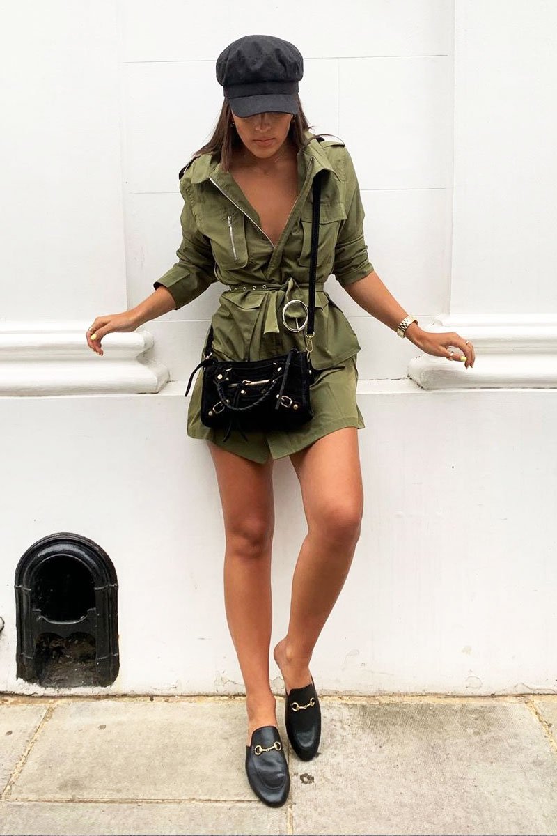 Khaki Utility Belted Zip Front Shirt Dress - Meliyah-Dresses