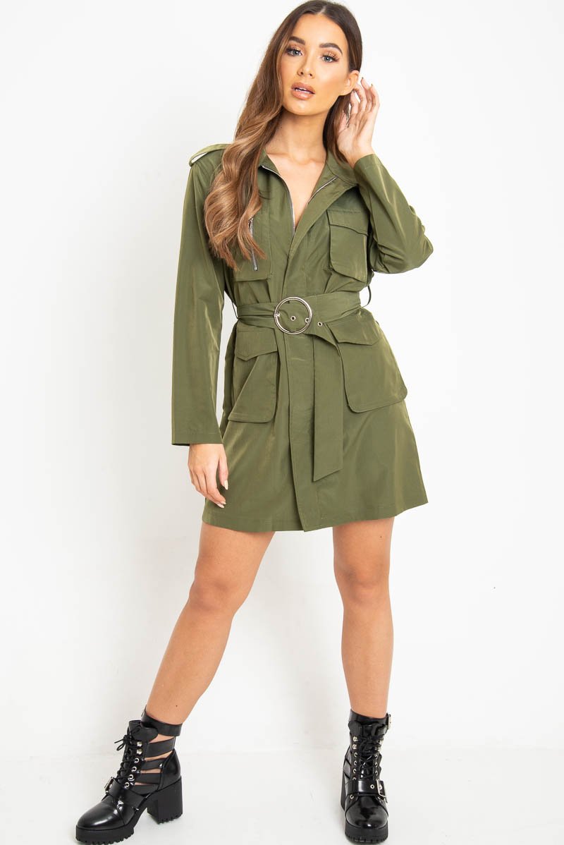 Khaki Utility Belted Zip Front Shirt Dress - Meliyah-Dresses